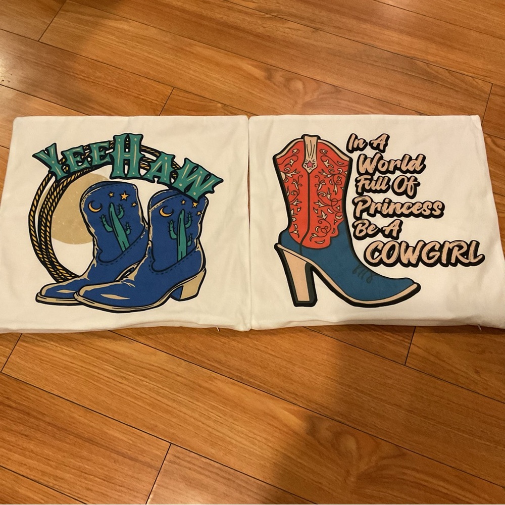 2 Western Style Cowgirl/Cowboy Graphic Throw Pillow Covers 18*18 inches